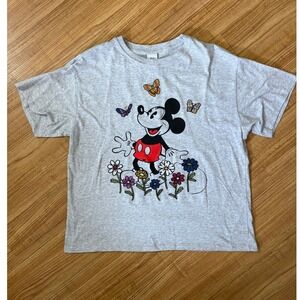 Disney Mickey Mouse Graphic Tee Embroidered Flowers Butterflies Heather Grey XL